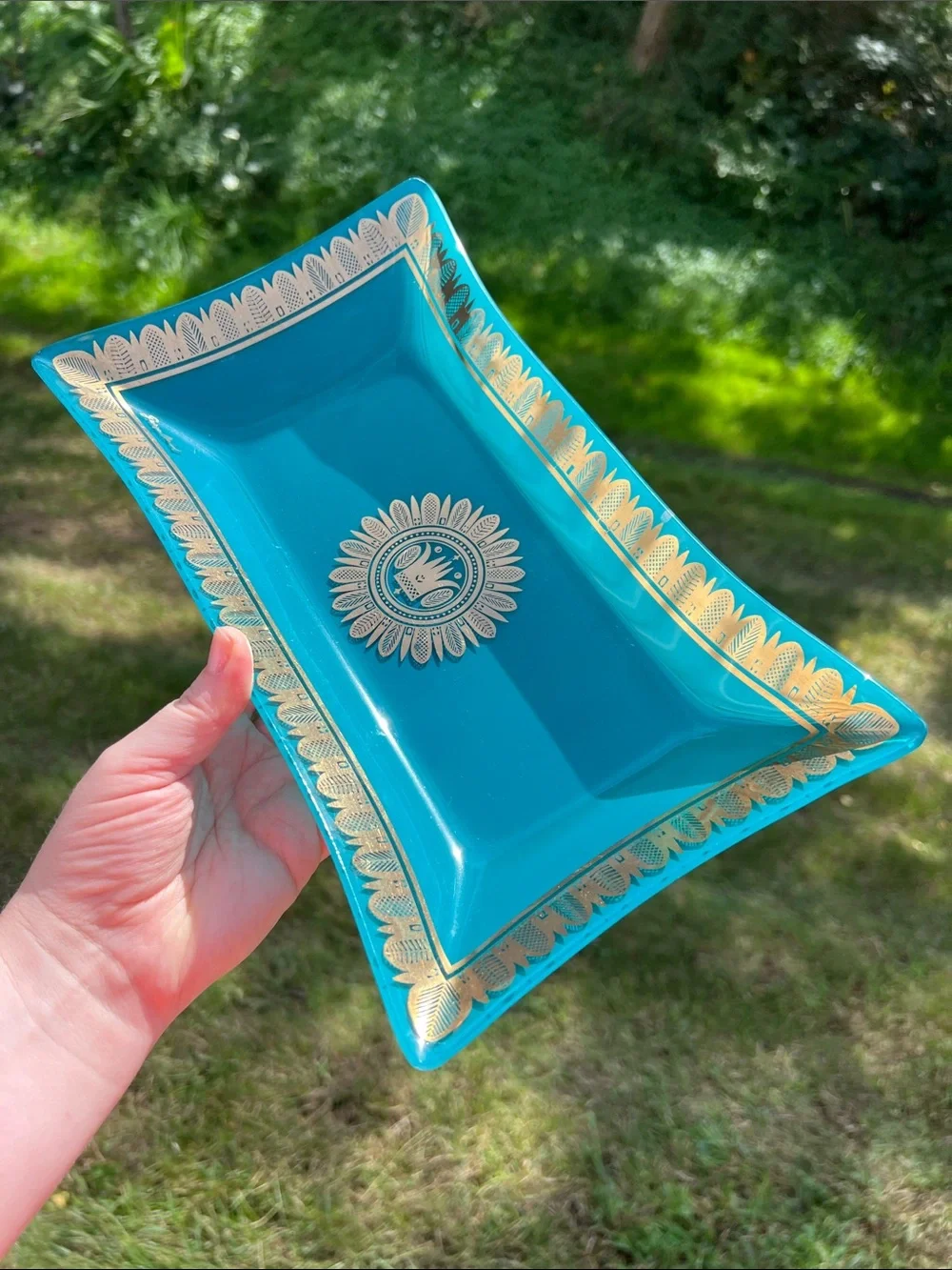 Vintage MCM George Briard Blue Teal Gold Glass Tray Hawaiian Crown Regalia